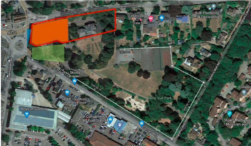 Area of Belle Vue being sold, the area in solid red is open space.
